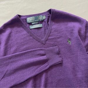 Polo Ralph Lauren Sweater Mens S/P Purple Green Pony Merino Wool V-Neck Pullover